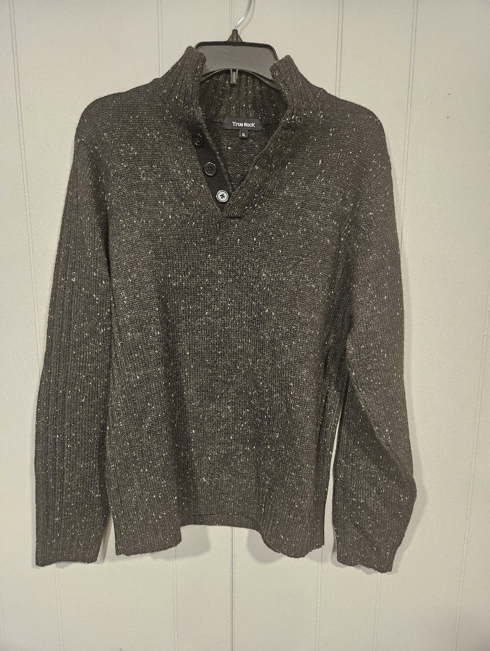 True Rock Mens XL Open Neck Knit Black Speckled Long Sleeve Pullover Sweater